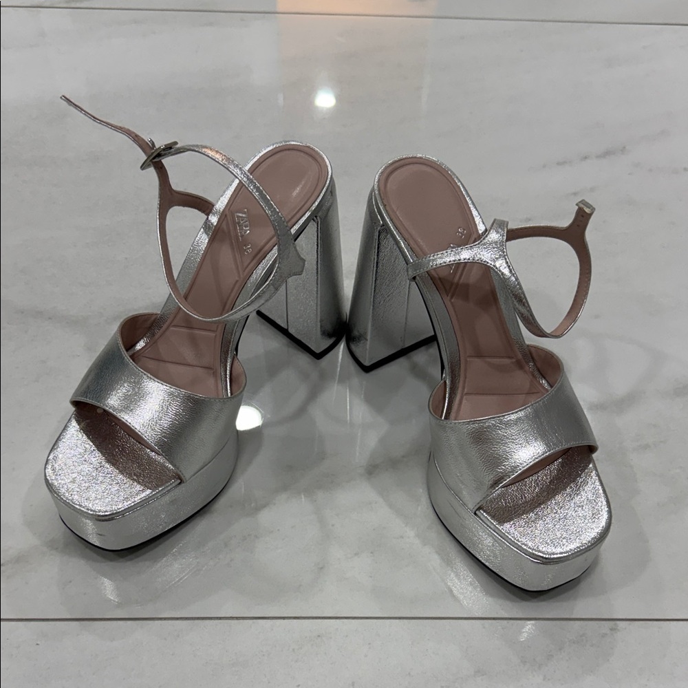 Zara Silver Metallic Platform Block-Heel Sandals